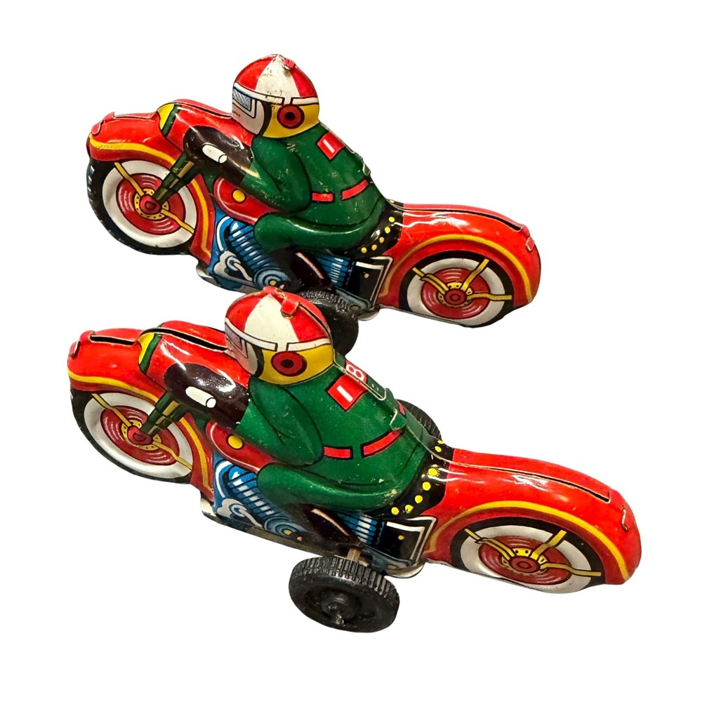 Vintage Tin Friction Motorcycle Rider Toy Set of 2 Made in Japan Red Green Litho